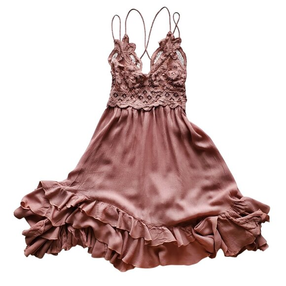 Free People One Adella Slip Dress Rose Pink Boho Lace Crochet Lacey XS - Picture 6 of 16